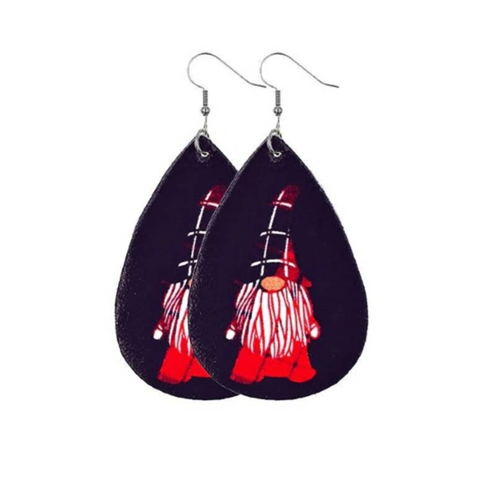 Gnome with Red‎ & White Beard Christmas Vegan Leather Teardrop Earrings